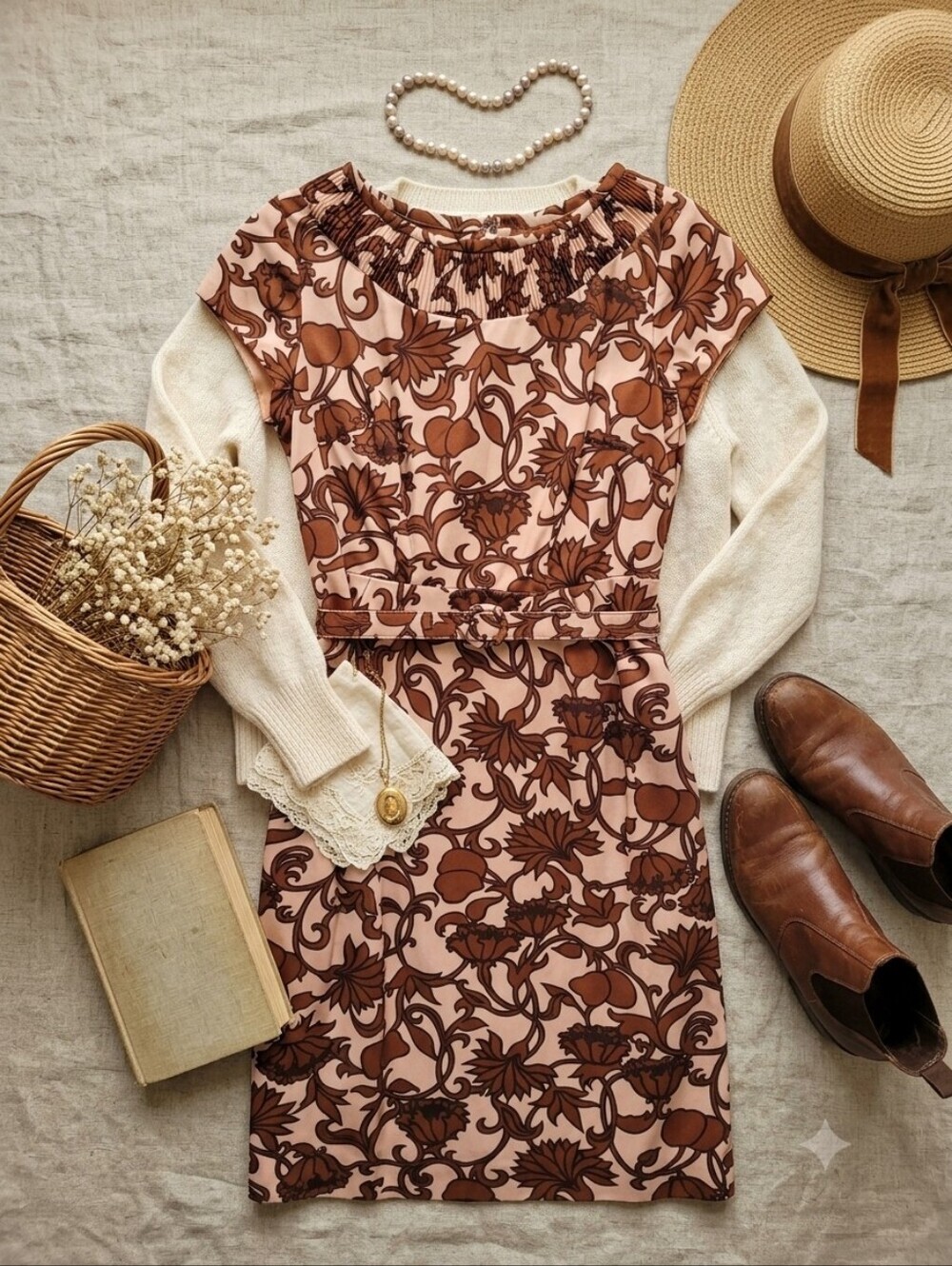 Vintage Sears Brown Tan Ornate Floral Belted Sheath Dress